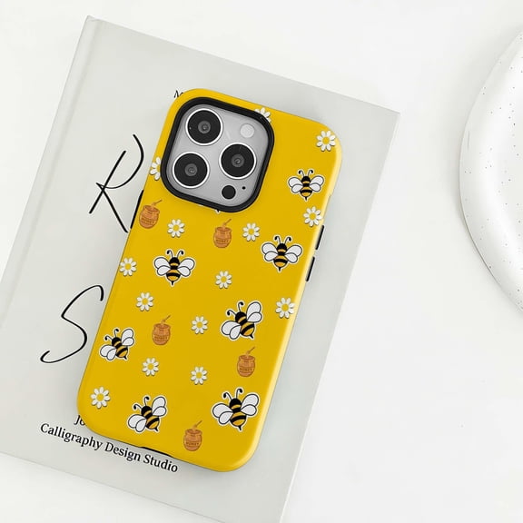 Cute Bumblebee & Daisy Tough Phone Case, Cheerful Honey Bee Protective Cover Compatible with iPhone 13 Pro