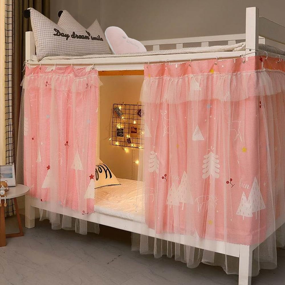 Cute Bunk Bed Curtains Privacy Cloth Underbed Curtains for Bottom Girls, 2 Panels, Pink Tree