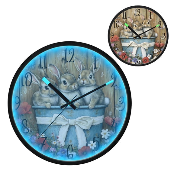 Cute Bunnies Luminous Wall Clock with Sound-Activated LED 12-Inch Silent Acrylic Timepiece for Bedroom Livingroom or Office