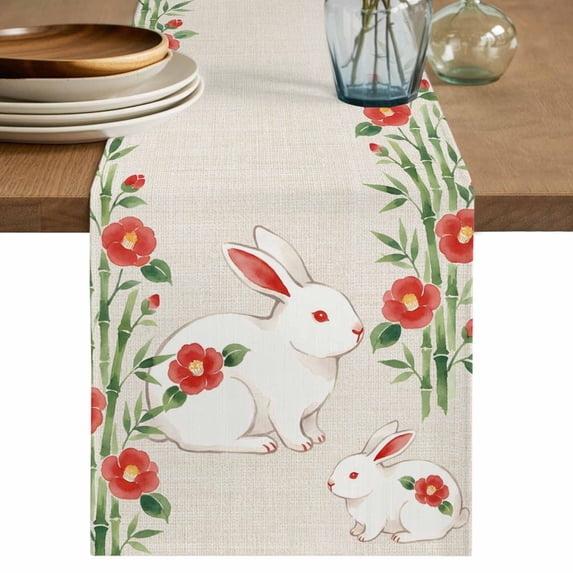 Cute Bunnies Table Runner 72 Inches, Farmhouse Rustic Floral Botanical Burlap Bed Runner Dresser Scarves Tabletop for Indoor Outdoor Parties/Ceremony/Banquet, 18" x 72"