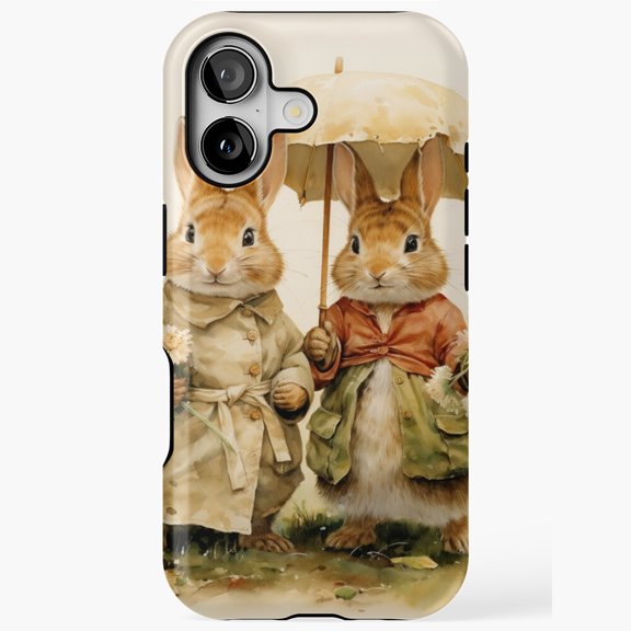 Cute Bunnies With Umbrella Rain Art iPhone Case 17 through 11 Pro Max