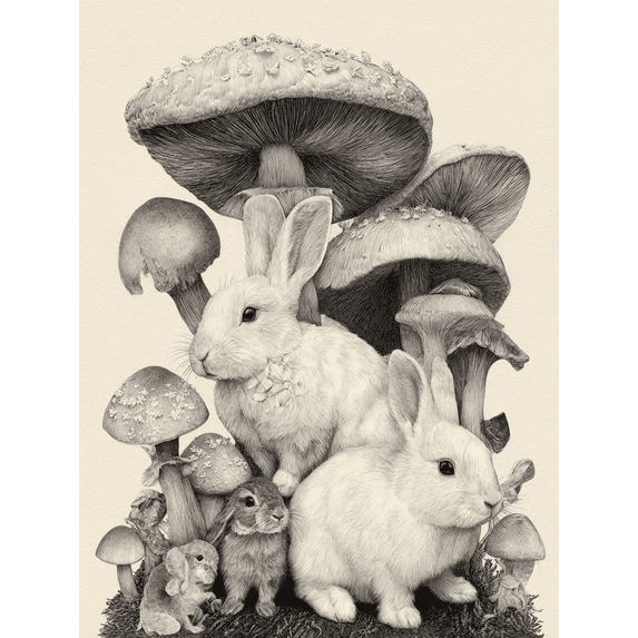 Cute Bunnies and Mushrooms Canvas Print, Wall Art for Living Room, Bedroom, Office, Nursery, Kids Room