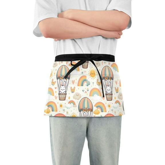 Cute Bunnies in Hot Air Balloons Server Apron with 3 Pockets Waterproof Waitress Waist Short Apron for Man Woman 12 Inches