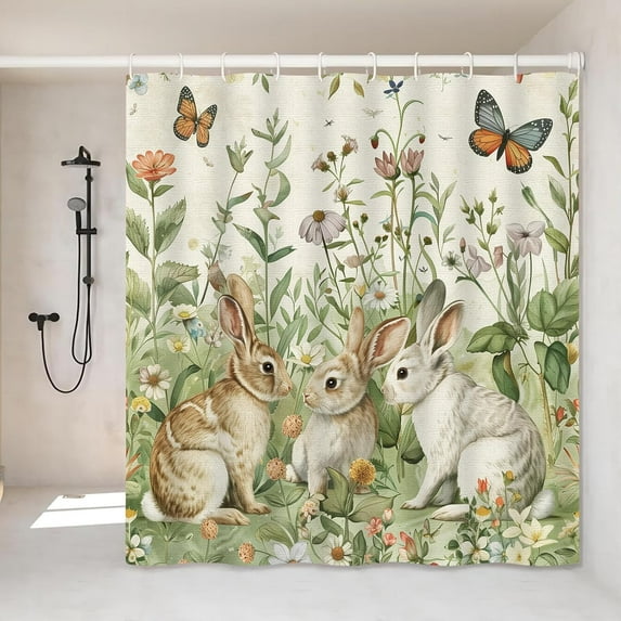 Cute Bunny 4PCS Shower Curtain Set- Easter Rabbits Bathroom Sets Accessories with Non-Slip Rug,Toilet Lid Cover,Bath Mat,12 Hooks-72x72in-Spring Floral Curtains-Home Decor Adults Gifts