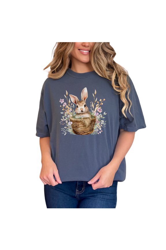 Cute Bunny Basket Floral Design T-Shirt, Adorable Rabbit Spring Garden Tee, Woodland Animal Apparel, Easter Theme Shirt, Gift for Her, Denim Comfort Colors T-Shirt, XL