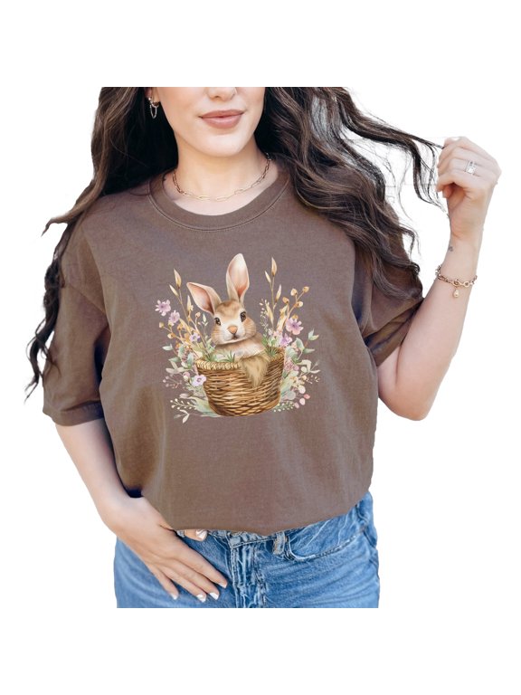 Cute Bunny Basket Floral Design T-Shirt, Adorable Rabbit Spring Garden Tee, Woodland Animal Apparel, Easter Theme Shirt, Gift for Her, Espresso Comfort Colors T-Shirt, Large