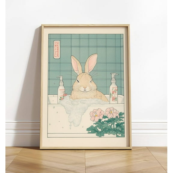 Cute Bunny In Bathtub Funny Poster, Ukiyo-E Bathroom Art, Rabbit Print, Japanese Aesthetic Poster, Neutral Relaxing Artwork, Cute Wall Decor Wall Art, Modern Wall Decor, 8x12 UNFRAMED