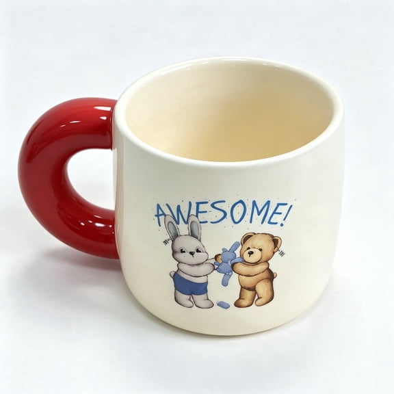 Cute Bunny Bear Ceramic Coffee Mug, Chunky Red Handle Cartoon Porcelain Drinking Cup with Awesome Letter Print