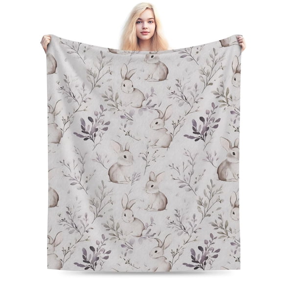 Cute Bunny Blanket - Adorable Rabbit Pastel Lavender Floral Fleece Throw Blanket 60x50