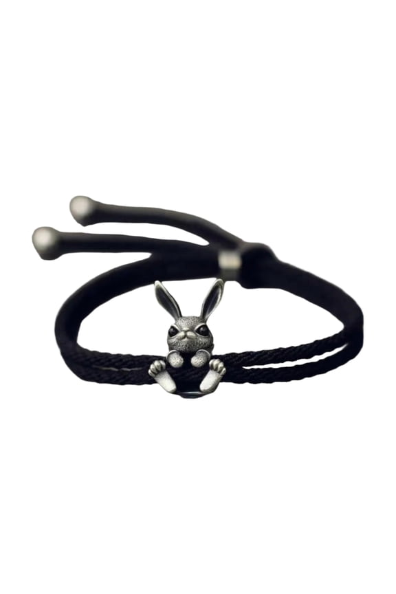 Cute Bunny Bracelet Jewelry for Women Girls - Black Adjustable Braided Wristband with Rabbit Charm - Daily Wear, Party, Gift Giving