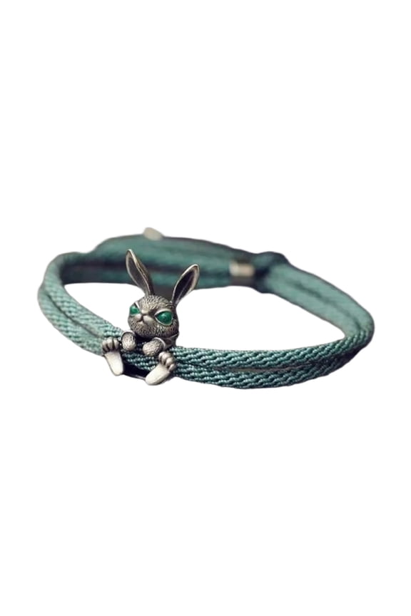 Cute Bunny Bracelet Jewelry with Green Rope Design - Adorable Rabbit Charm, Braided Wristband - for Women, Girls, Daily Wear, Party, Gift Giving