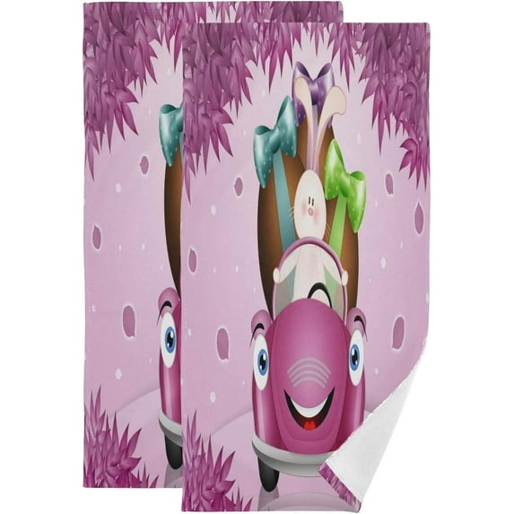 Cute Bunny in Car Hand Towels, Easter Egg Kitchen Towel Ultra Soft and Absorbent,Decorative Fingertip Face Towel for Bathroom Hotel, 2 PCS, 28.3"x 14.4"