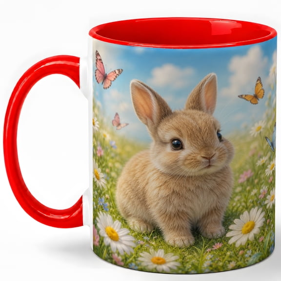 Cute Bunny Coffee Mug, Spring Meadow Rabbit Lover Design, 11 oz Ceramic Cup