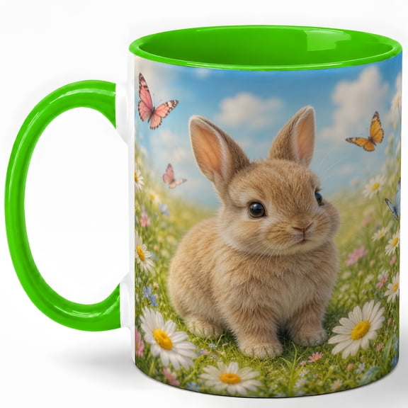 Cute Bunny Coffee Mug, Spring Meadow Rabbit Lover Design, 11 oz Ceramic Cup