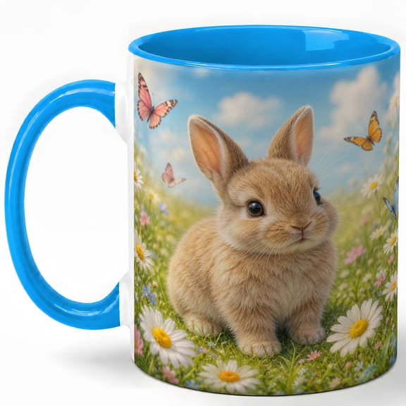 Cute Bunny Coffee Mug, Spring Meadow Rabbit Lover Design, 11 oz Ceramic Cup
