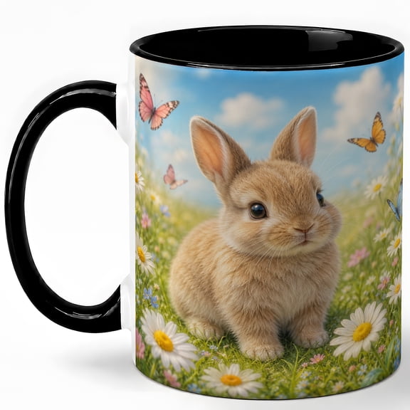 Cute Bunny Coffee Mug, Spring Meadow Rabbit Lover Design, 11 oz Ceramic Cup