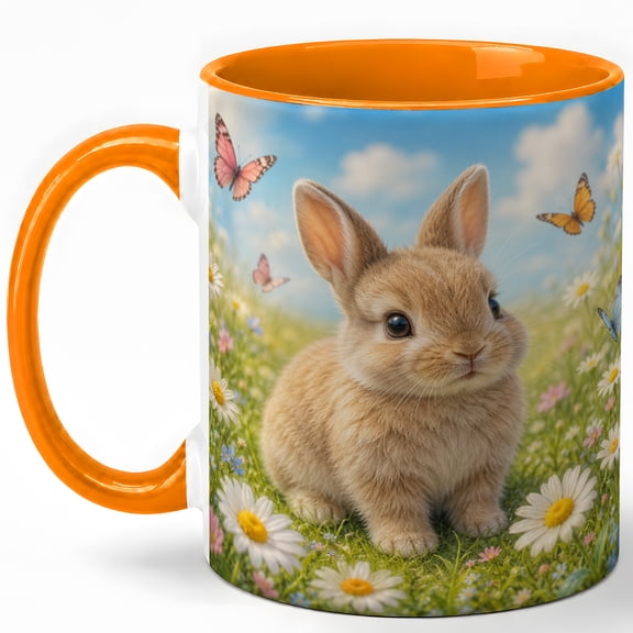 Cute Bunny Coffee Mug, Spring Meadow Rabbit Lover Design, 11 oz Ceramic Cup