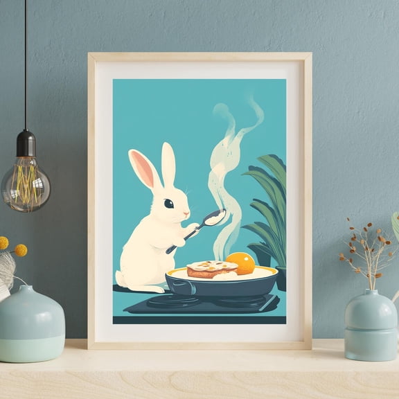 Cute Bunny Cooking Breakfast Poster, Adorable Rabbit Kitchen Art, Whimsical Animalcute Bunny Print, Fun Kitchen Decor Wall Art, Modern Wall Decor, 8x12 UNFRAMED