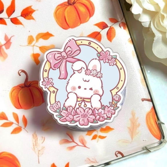 Cute Bunny Coquette Phone Grip, Kawaii Pink Rabbit MagSafe Holder, Floral Bow Cherry Blossom Griptok, Soft Girl Aesthetic Gift for Her & Hardcore Readers