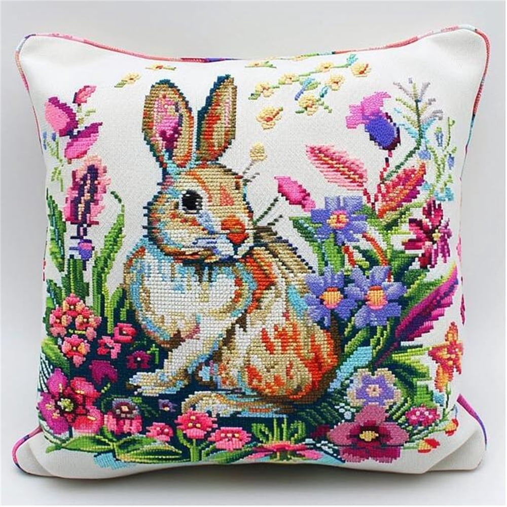 Cute Bunny Cross Stitch Cushion Kits for Adults,Flowers Needlepoint Cushion Kit Cross Stitch Kits Cushion Throw Pillow for Creative Home Decor 17x17in
