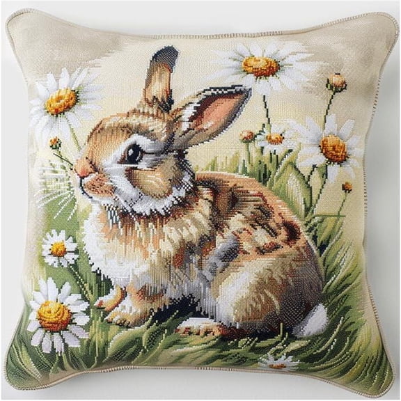 Cute Bunny Cross Stitch Pillow Kit,Daisy Flower Tapestry Pillow kit DIY Pillow Cover Kit for Living Room Sewing Art Home Decoration 17x17in