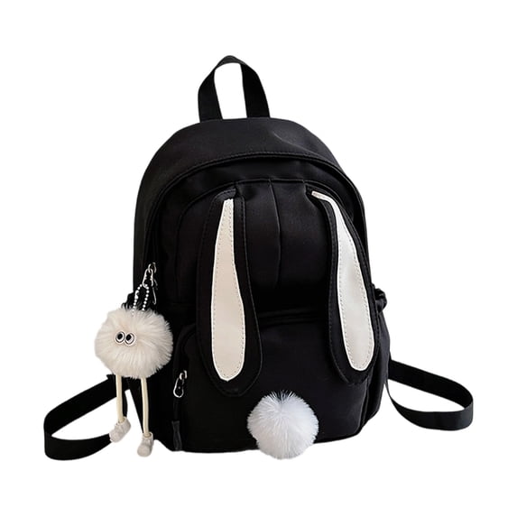 Cute Bunny Ear Backpack, Nylon Lightweight Student School Backpack With Pom-pom Decor, Casual Mini Daypack