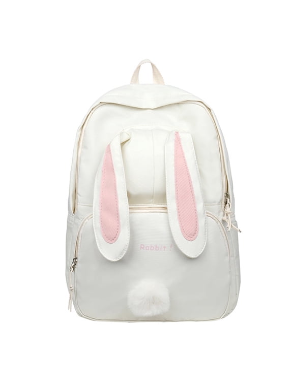 Cute Bunny Ear Backpack Women Laptop Bookbag ,Rabbit Big Capacity Bag Travel Hiking Camping Daypack Bag-White