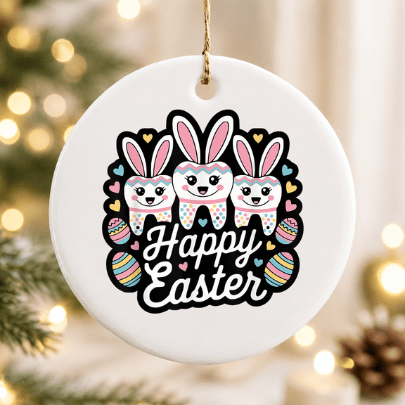 Cute Bunny Ears Dental Squad Happy Easter Dentist Office Christmas Ornament, Coworker Milestone Gift, Ceramic Ornament