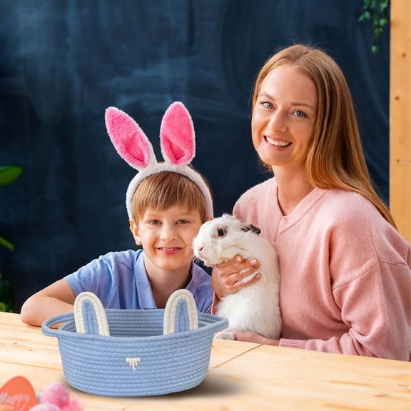 Cute Bunny Ears Easter Basket with Handles, Cotton Rope Woven Nursery Storage Bin Room Organizer Easter Party Gifts Blue