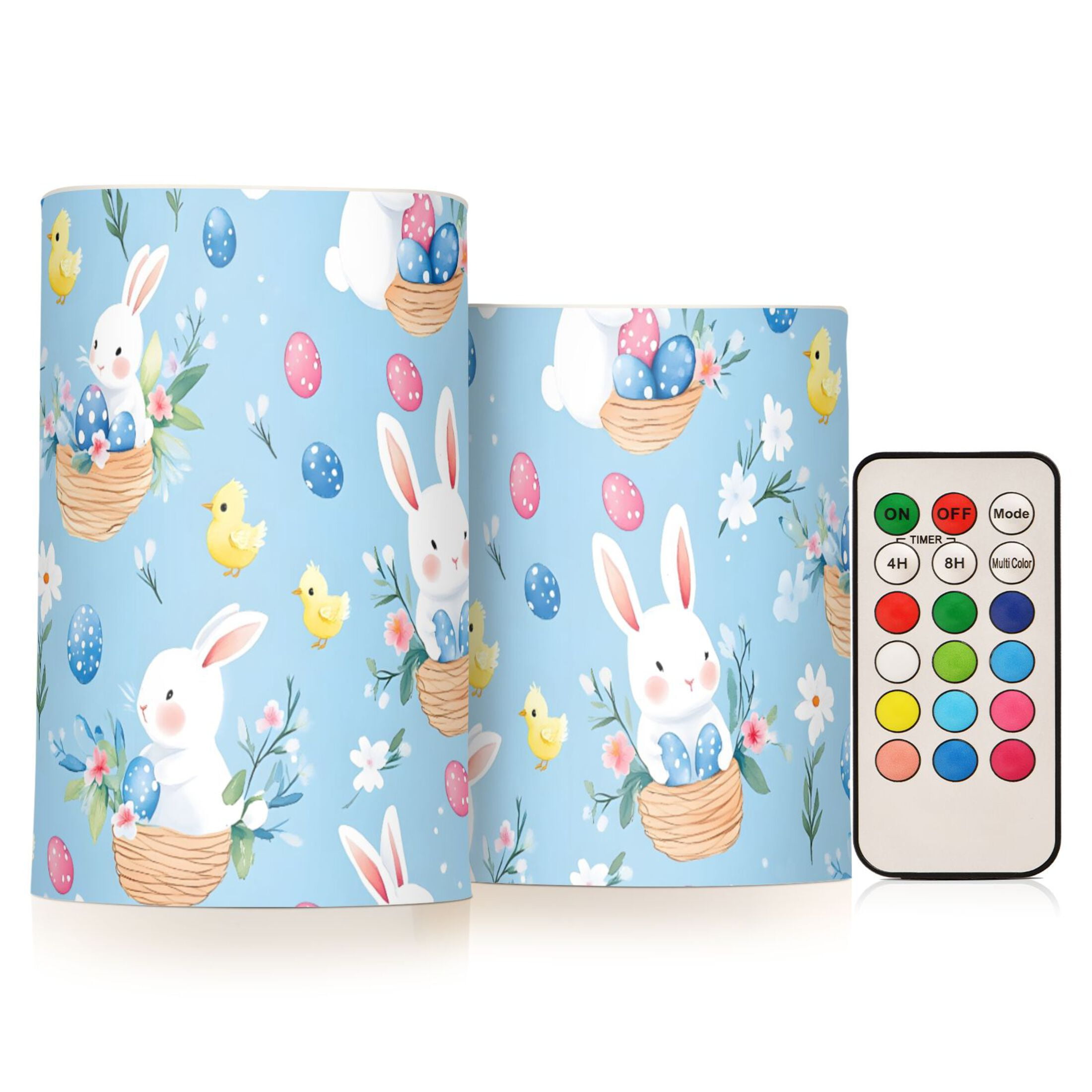 Cute Bunny Easter Egg Pattern Flameless LED Candle Set with Remote, Battery Operated Color Changing Pillar Candles, Set of 2