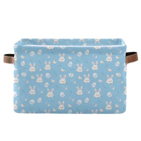 Cute Bunny Easter Egg Pattern Storage Basket Canvas Waterproof PE Lining PU Leather Handles Collapsible 14.2x10.2x8.3in