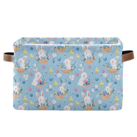 Cute Bunny Easter Egg Pattern Storage Basket Canvas Waterproof PE Lining PU Leather Handles Collapsible 14.2x10.2x8.3in