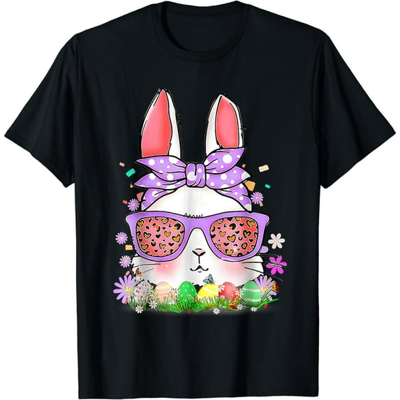 Cute Bunny Face Leopard Glasses Easter for Women Teen Girl T-Shirt