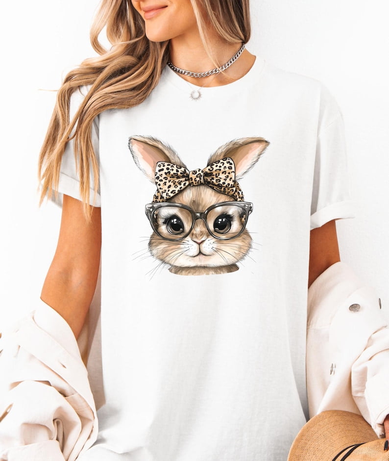 Cute Bunny Face T-Shirt with Leopard Print Glasses and Bow Adorable Big ...