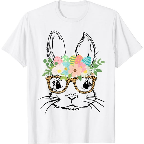 Cute Bunny Face With Leopard Glasses Women Girls Kids Easter T-Shirt