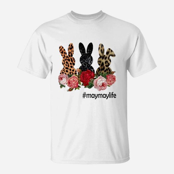 Cute Bunny Flowers Maymay Life Happy Easter Sunday Floral Leopard Plaid Women TShirt