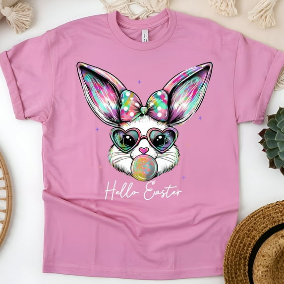 Cute Bunny Graphic T-Shirt | Colorful Rabbit Print Tee for Women Men, Azalea, Size 2XL