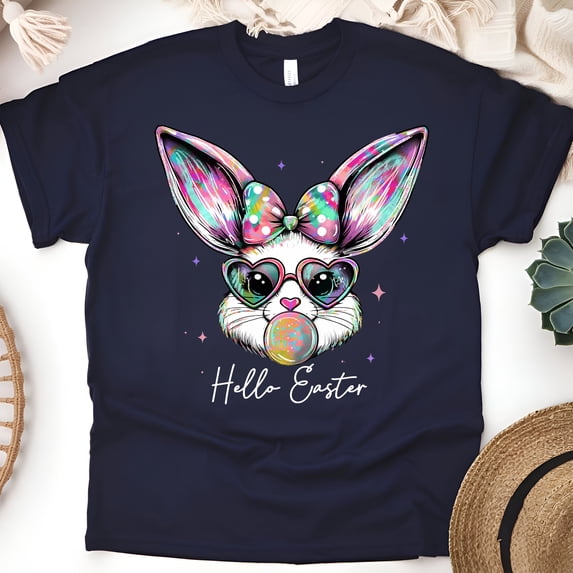 Cute Bunny Graphic T-Shirt | Colorful Rabbit Print Tee for Women Men, Navy, Size L