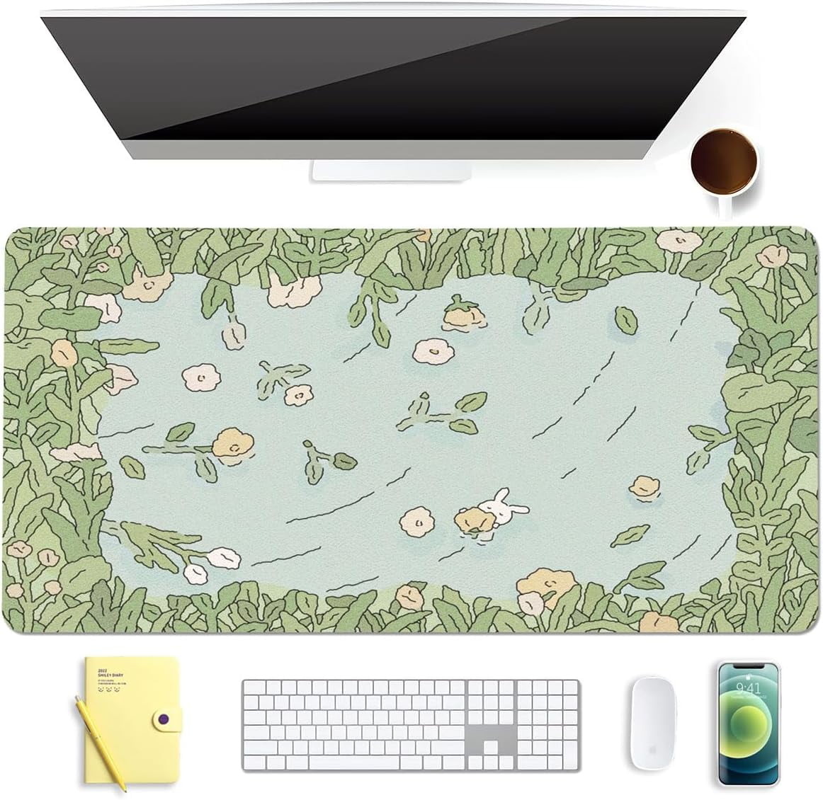 Cute Bunny Green Extended Gaming Keyboard Mouse Pad, Non-Slip Waterproof Leather Home Office Desk Mat Protector