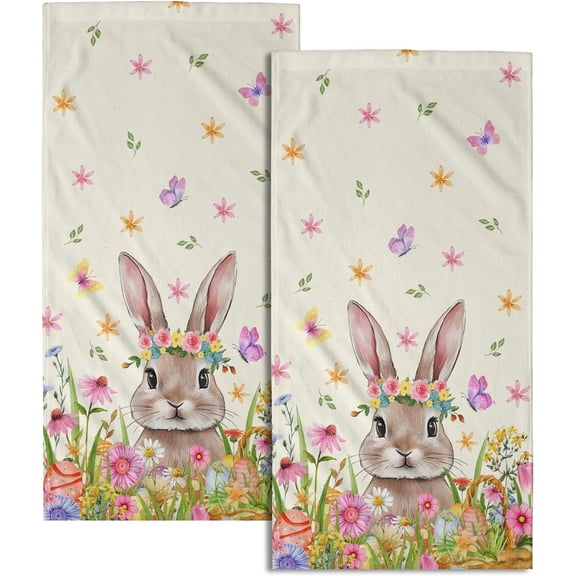 Cute Bunny Hand Towels for Bathroom 14"x28" Set of 2 Happy Easter Rabbit Kitchen Towel Spring Flower Butterfly Bath Towels Super Soft Absorbent Tea Dish Towels for Yoga Gym Bath Shower