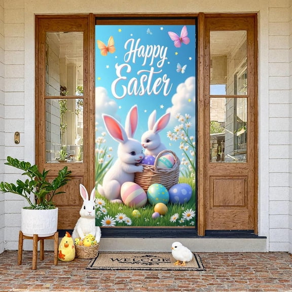 Cute Bunny Happy Easter Banner Colorful Eggs Easter Celebration Display Butterfly Decor Spring Flowers Easter Photo Prop for Easter Party Family Gathering Photo Shoot