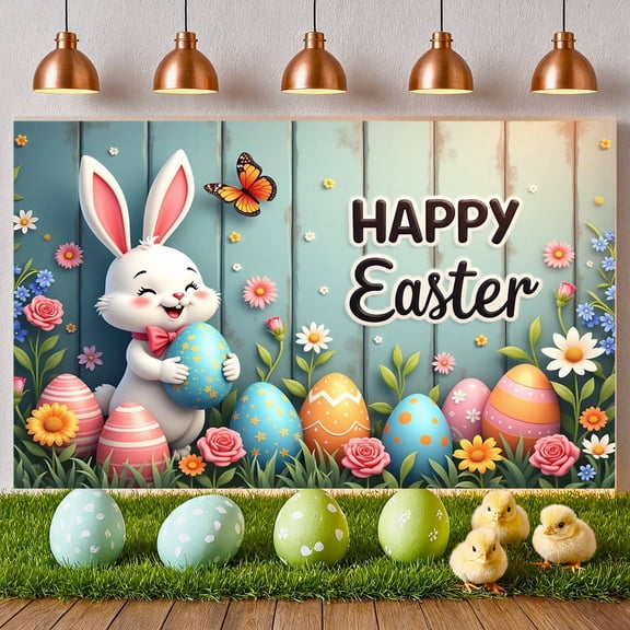 Cute Bunny Happy Easter Banner Colorful Eggs Easter Display Floral Decor Spring Easter Backdrop for Easter Party Spring Celebration Home Decoration
