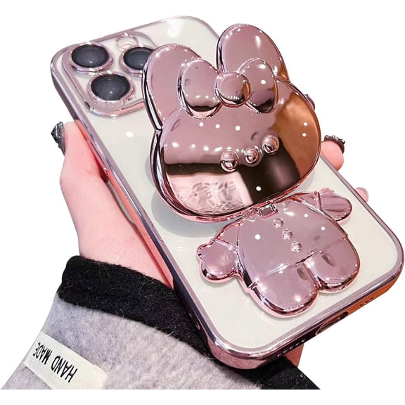 Cute Bunny Hidden Stand Compatible with iPhone 14 Pro Case, Clear Soft TPU Bumper Shockproof 3D Mirror Rabbit Bracket Phone Case with Camera Protection for Women, Girl - Pink