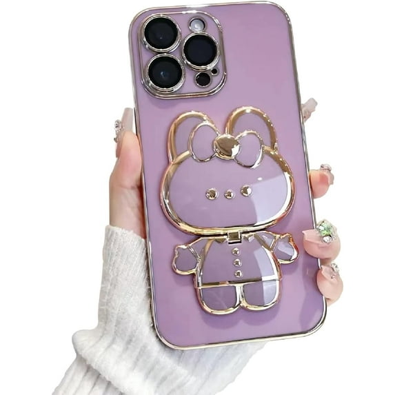Cute Bunny Hidden Stand Compatible with iPhone 14 Pro Case, Soft TPU Bumper Shockproof 3D Mirror Rabbit Bracket Purple Phone Case with Camera Protection for Women, Girl - Lilac