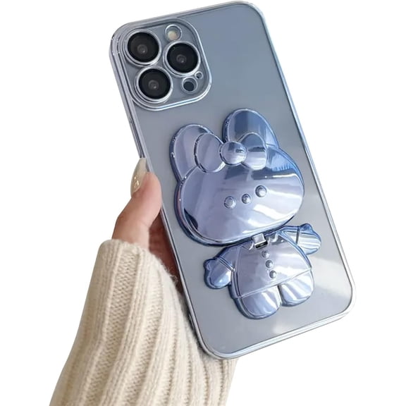 Cute Bunny Hidden Stand iPhone 13 Pro Case, Clear Soft TPU Bumper Shockproof 3D Mirror Rabbit Bracket Phone Case with Camera Protection for Women, Girl - Blue