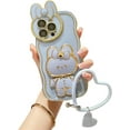 thumbnail image 1 of Cute Bunny Hidden Stand iPhone 13 Pro Max Case, Plating Bumper Shockproof Mirror Bracket Phone Case with Rabbit Ear Lens, 3D Rabbit Case with Heart Chain Bracelet for Women, Girl - Blue, 1 of 9