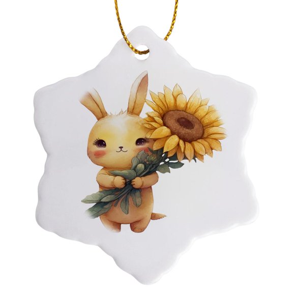3drose, Cute Bunny Holding a Sunflower Illustration, 3 inch Snowflake Porcelain Ornament