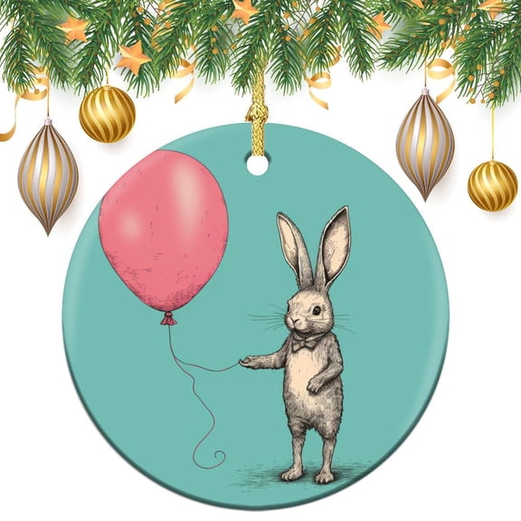 Cute Bunny Holding A Balloon Ceramic Ornament Bunny Lovely Animal Flowers Christmas Decorations Ornament Christmas Tree Decoration Gifts for Women Men