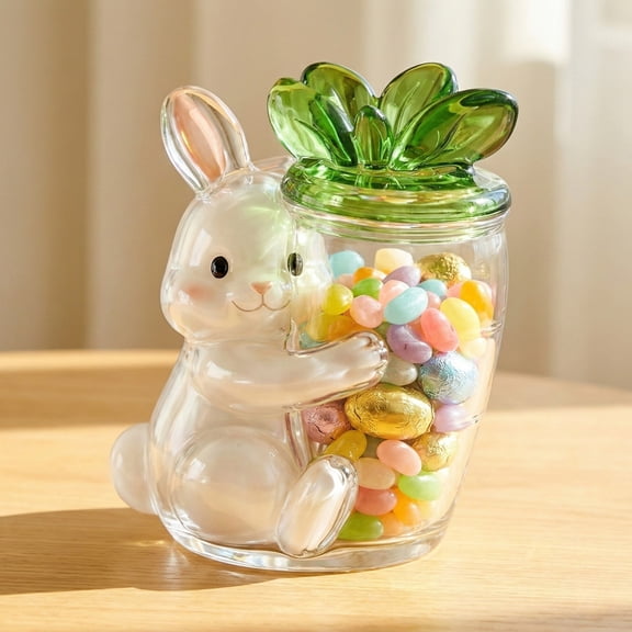 Cute Bunny Hugging Carrot Candy Jar (9.8"), Large Clear Plastic Easter Cookie Container with Lid, Adorable Rabbit Storage Canister for Snacks & Home Decor