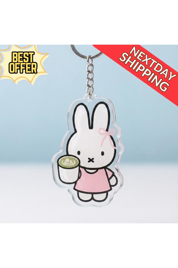 Cute Bunny Keychain with Matcha Cup, Adorable Acrylic Keychain, Kawaii Keyring for Coffee Lovers, Perfect Gift for Teens & Animal Fans
